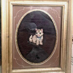 Antique Needlepoint Cat Kitten Portrait Framed Matted Glass 10x12" Victorian